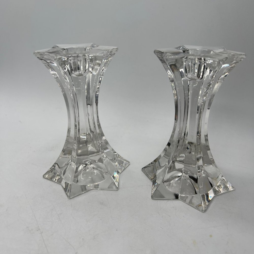 6-1/4" Tall Lead Crystal Candle Holder, Six Pointed Star, 3-3/4" Across Bottom,